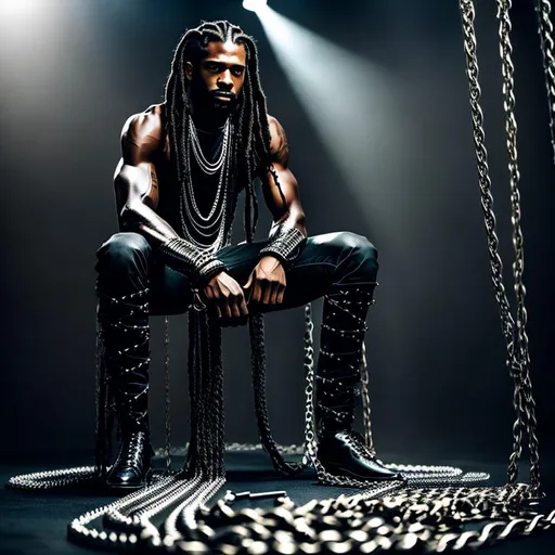 Prompt: Full length Beautiful locs hair black man sitting down wrapped in big heavy metal slave chains, handcuffs cinematic lighting, realistic, super detailed, confident