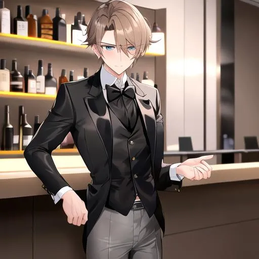 Prompt: Alex 1male. Short light brown hair. Soft and mesmerizing light grey eyes. Wearing a sleek black button-up shirt, paired with tailored black pants and shiny leather shoes. He completes the look with a stylish black vest and a classic black bow tie. UHD, 8K, standing behind a bar counter, blushing