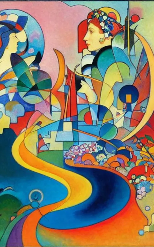 Prompt: Painting background by (Kandinsky:1.25), foreground [Mucha:0.75]
