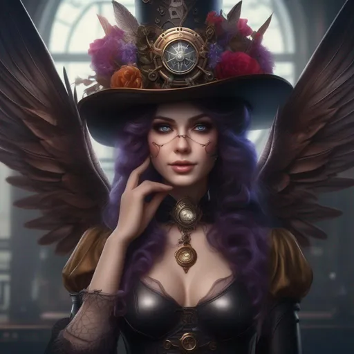 Prompt:  Wide angle, 4k, 8k. Detailed Illustration. Full body in shot. Hyper realistic painting. Photo real. A ((beautiful)), shapely woman with ((anatomically correct)) hands and ((vivid)) colorful, ((bright)) eyes. Shes a Steam Punk, gothic witch. A distinct Winged fairy, with a skimpy, ((colorful)), gossamer, flowing outfit. On a picturesque  Halloween night standing in a forest by a village. Concept art. Matte painting. Epic. Cinematic