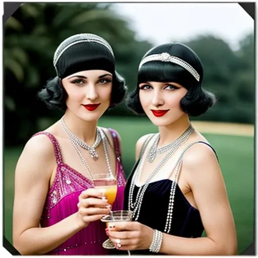 Prompt: Two 1920s  Flappers with diamond headpiece drinking tea