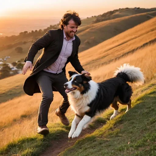 Prompt: an Australian Sheppard playfully trips his master on a hillside at sunset.