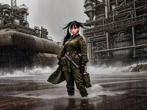 Prompt: Analog style portrait+ style ; war girl artistic pose in motion with wet, splashing water wearing baggy pants and military uniform visiting fuel refinery. Hyperealistic 8k shot of rainstorm beautiful morning hour high resolution dim lighting. Hazel eyes. Long black hair. Shadow eyeliner. 
