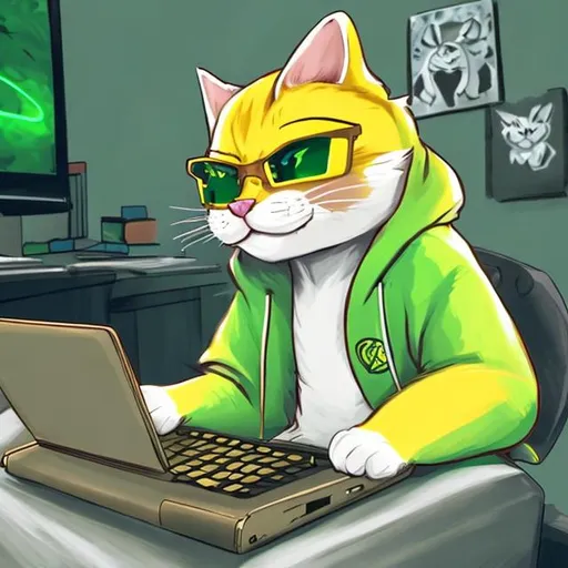 Prompt: Anthro yellow cat with a white muzzle wearing a green hoodie playing videogames ,draw art
