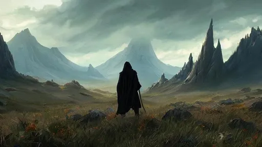Prompt: fantasy concept art by greg rutkowski, hooded figure in the  foreground looks out over meadow with jagged mountains in the background, luminous  crescent fills the sky, endor, rock outcroppings,  gestural oil painting style, backlit, cinematographic morning light, artstation hq, 
