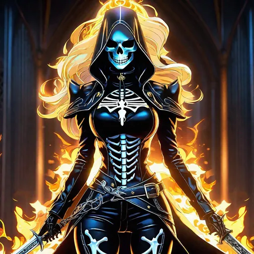 Prompt: Highly detailed 4k UHD anime illustration of a female ghost rider Nun, skeleton form perfect autonomy body shape, muscular slim body tone, defined abs, anime, horror, skeletal features, intense eyes, dark atmosphere, hauntingly beautiful, atmospheric lighting, eerie glow, highres, detailed skeletal structure, spectral aura, professional