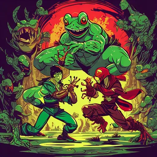 Image AI: Open Art: frog and bird, kung fu fighting, humanoid bodies, cool, dynamic pose, league of legends, mysterious, epic, fighting scene, 80s anime style, swampy background, 