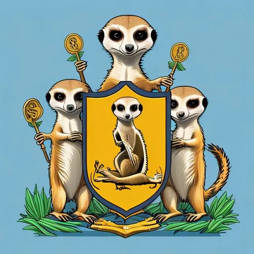 Prompt: Coat of arms, meerkat support, privacy, money, water