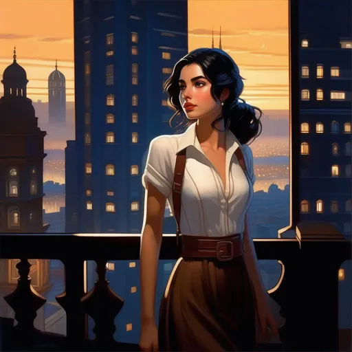 Prompt: Third person, gameplay, Cordoban girl, pale skin, black hair, brown eyes, Cordoba at night, skyscrapers in the distance, cold atmosphere, cartoony style, extremely detailed painting by Greg Rutkowski and by Henry Justice Ford and by Steve Henderson 

