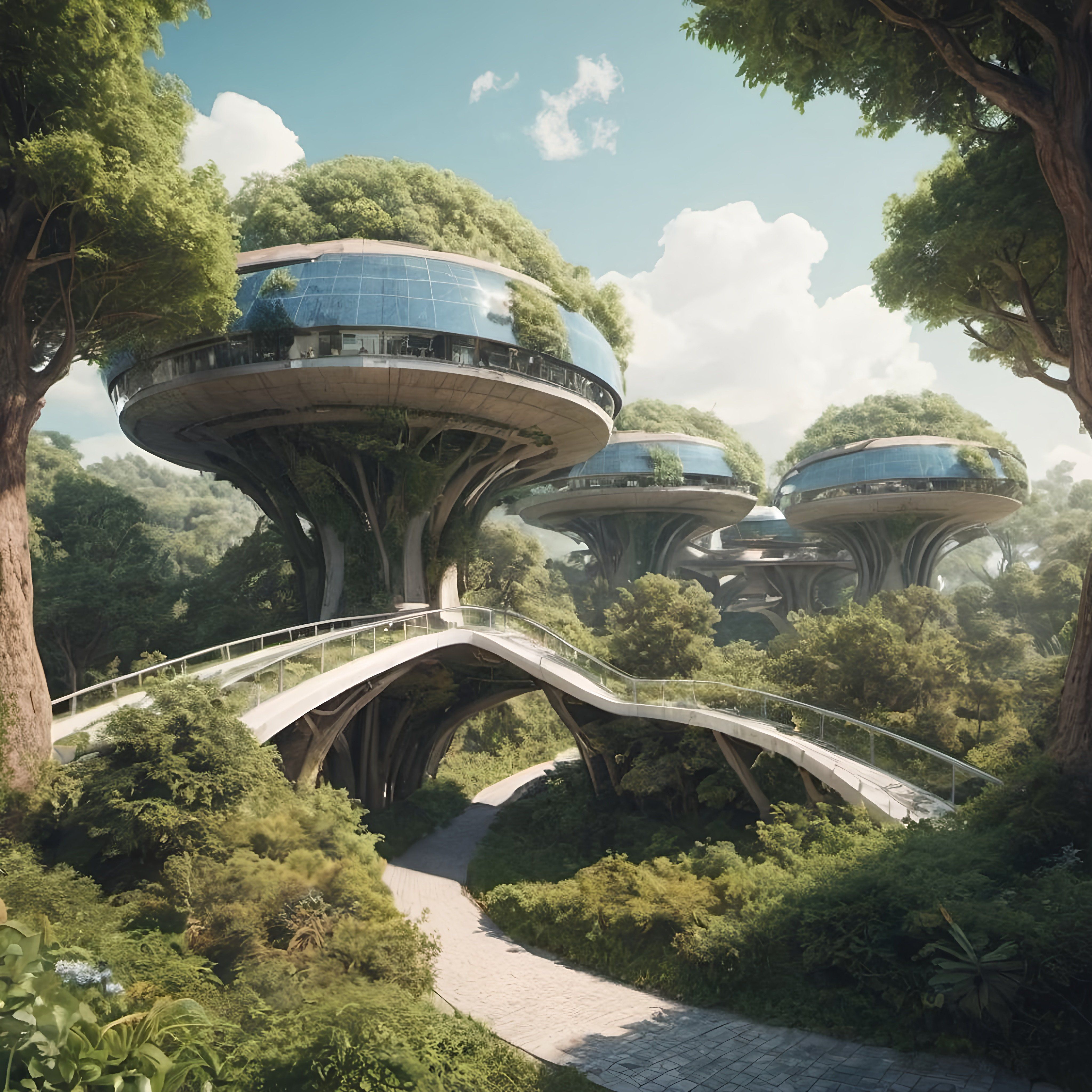 Prompt: a futuristic city with trees and a bridge over a river in the middle of the forest with a bridge leading to the top of the building