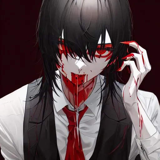 Prompt: Murder man with some blood on his mouth red eyes and black hair