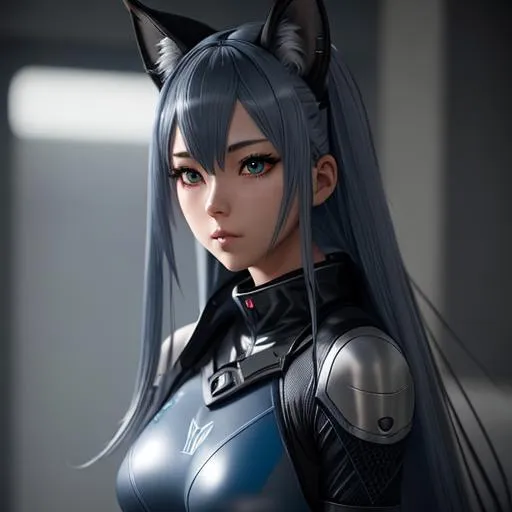 Prompt: An anime girl, (lynx ears )that are (grey),blue leotard latex outfit,long ({dark blue} hair)(midnight blue hair)(fringeless), feeling apathy, concept art, high resolution scan, hd octane render, intricate detailed, highly detailed face, unreal engine, trending on artstation, UHD, 8k, Very detailed,standing on top of a high building, sad, loneliness, full body pose, she has long ({dark blue} hair)(midnight blue hair)(fringeless), pale skin, ([grey eyes] with cat-like iris), (lynx ears )that are (grey), and blue latex leotard outfit, intricate facial detail, intricate eye detail, intricate details,  hyperrealistic full body pose, hyperrealistic ethereal, dark blue and long hair, white lynx ears, sharp jaw, hyperrealistic golden cat eyes , hyperrealistic human nose, hyperrealistic lips, ethereal, divine, hyperrealistic face, hyperrealistic pale skin, intricate eye detail, pale skin, (dark blue latex outfit), fringeless, (forehead showing), highly detailed concept art,  , hd octane, intricate quality, HD, trending on artstation, fringeless, forehead showing ,highly detailed concept art, high resolution scan, hd octane render, intricate detailed, highly detailed face, unreal engine, trending on artstation, UHD, 8k, Very detailed