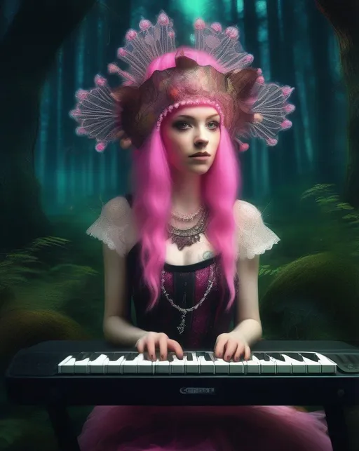 Prompt: A fantasy portrait of a girl with pale skin and vivid pink hair adorned with an ornate lace headdress against a dark magical forest backdrop, illuminated by glowing mushrooms and fireflies, wearing a dress of antique fabrics with a keyboard synthesizer built into the voluminous skirt, visualized in an imaginative dream punk aesthetic using lush painterly digital editing