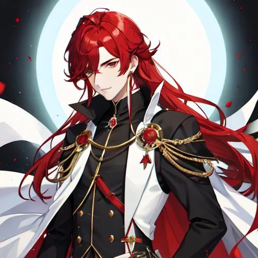 Prompt: Zerif 1male (Red side-swept hair covering his right eye) wearing a black royal suit, white cape, 