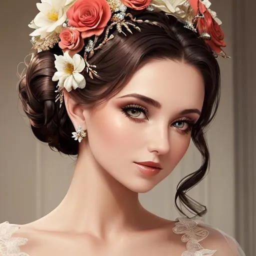 Prompt: Beautiful woman portrait wearing an ecru evening gown, elaborate updo hairstyle adorned with flowers, facial closeup