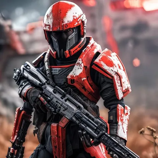 Prompt: Guerrilla fighter wearing damaged and weathered red futuristic armor and with futuristic rifle over his shoulder. 8k, hyperrealistic, sharp, futuristic, bright, space.