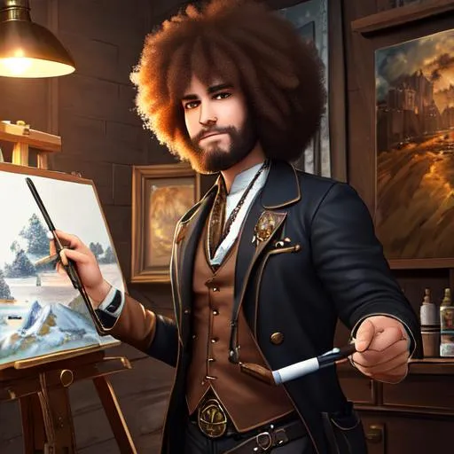 Prompt: a full shot of a steampunk Bob Ross with a brown fluffy hair, near a painting easel, holding large paint brush in a steampunk artist room,digital illustration, soft lighting lighting, 8K, anime, trending on ArtStation, 