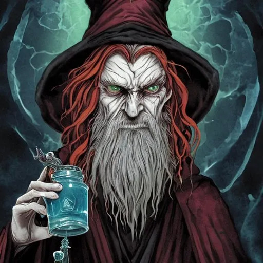 Prompt: An evil wizard with red hair and many potions. He looks creepy and is drinking a potion that makes him high and powerful with its magic. His skin is pale and sickly.