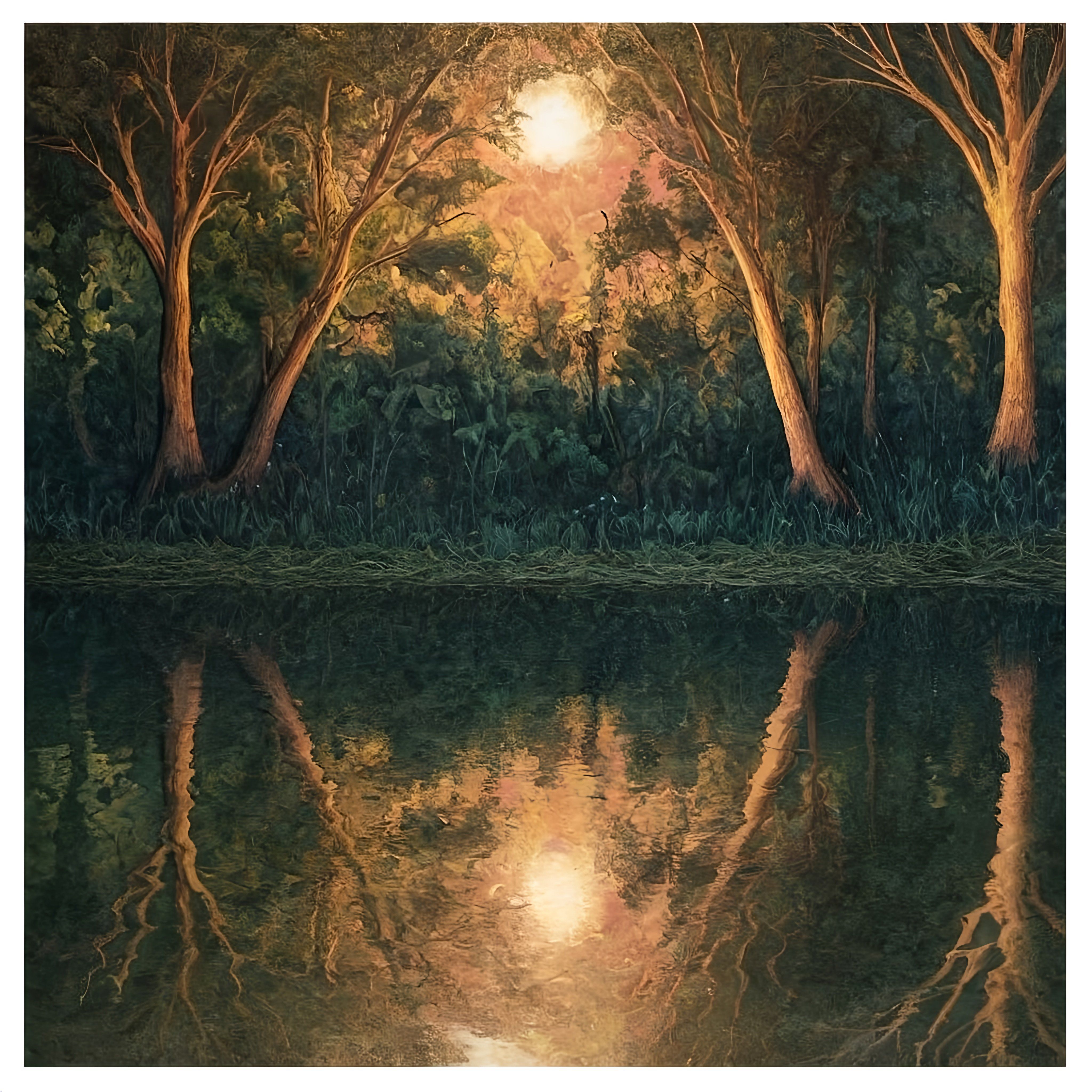 Prompt: a painting of trees and water with the sun shining through the trees and reflecting in the water, magic realism, intricate oil painting, an oil painting