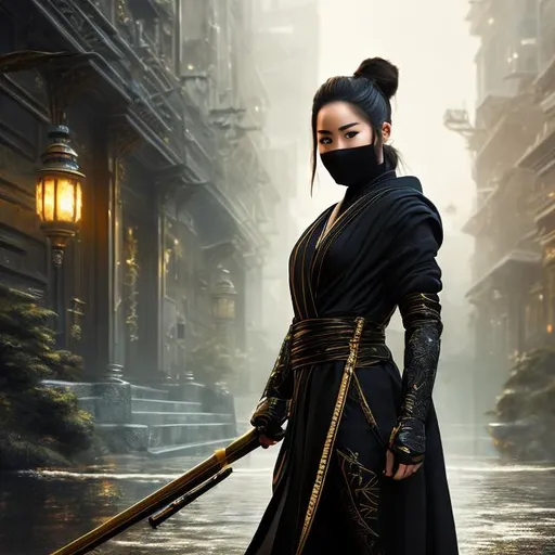 Prompt: create best quality photograph of beautiful elite female ninja in gold and black ninja style robes, Most beautiful background, detailed face, extremely detailed environment, extremely detailed background, extremely detailed skin, extremely detailed clothing, natural colors , professionally color graded, photorealism, 8k, realistic, moody lighting, ambience lighting, galactic environment, volumetric lighting