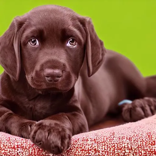 Prompt: cartoon chocolate lab puppy laying on a dark green couch chewing on a tennis ball