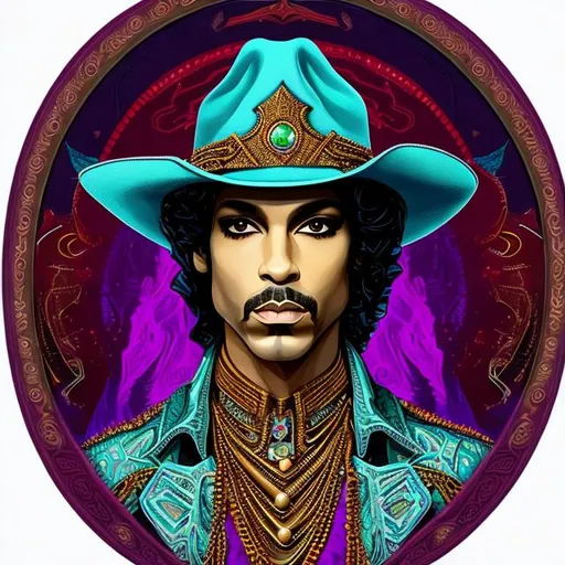 Prompt: Prince portrait as a pistolero gun hat Navajo jewelry turquoise leather fractal colorful psychedelic icon pattern 