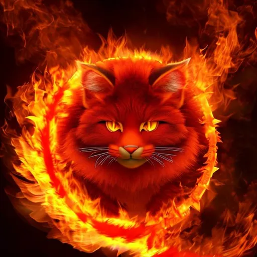 Prompt: Cute, red, fiery fur, fire cat, possessing the element of fire and making circles of fire and flame move around in the air in a magical way. Perfect features, extremely detailed, realistic, complimentary colors