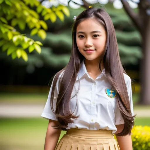 Prompt: Cute girl, beautiful, elegant, long brown hair, skirt, brown eyes, Realistic, 8k, hyper realism, outdoor, detailed hair, detailed face, masterpiece, Sharp focus, hdr, potrait of a girl, wearing school uniform, Korean, Asian, chinese, happy, epic realistic, faded, ((neutral colors)), art, (hdr:1.5), (muted colors:1.2), hyperdetailed, (artstation:1.5), (natural skin texture, hyperrealism, soft light, sharp:1.2), (intricate details:1.12), hdr, (intricate details, hyperdetailed:1.15).