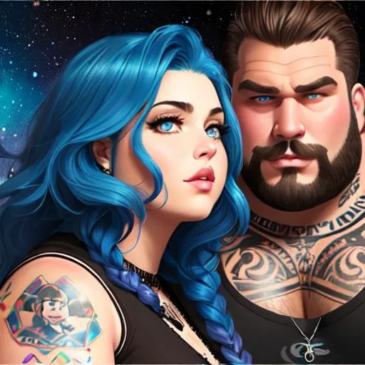 Prompt: Professional painting of (((grungy heavyweight man and heavyweight woman, round faces, chubby faces))), ((blue long wavy hair for woman)), ((brown long wavy hair for man)), tattoos, collar, 80's aesthetic, Disney, pixar, rainbow, space, high detail, intricate, elegant, sharp focus, by Jeremy Mann, Rutkowski, and other Artstation illustrators, intricate details, face,  full body portrait, headshot, illustration, UHD, 4K