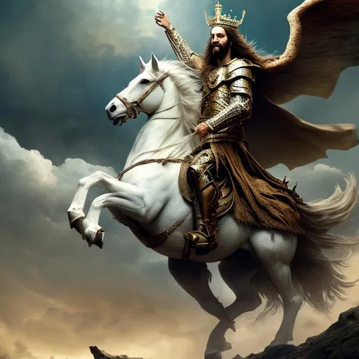 Prompt: Christ wearing a crown riding a white war horse in the final battle against satan apocalyptic graphic detailed faces hyper realistic extremely detailed dark cinematic 4K
