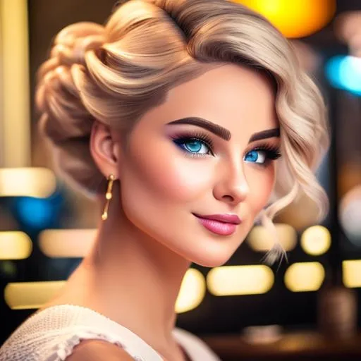 Prompt: Create a beautiful and realistic blonde woman with blue eyes with an updo hairstyle and a fresh look and making a fun face, having fun in some bar and having a few drinks, with an angle of someone taking her picture, Highly Detailed, Hyperrealistic, sharp focus, Professional, UHD, HDR, 8K, Render, HD, Trending on ArtStation, Canon, 24mm