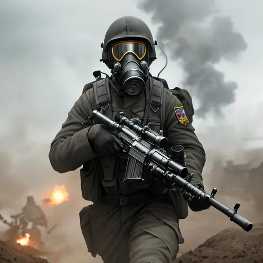 Prompt: Several mordern male black color with gas mask black running of the trenches, Highly Detailed, Hyperrealistic, sharp focus, Professional, UHD, HDR, 8K, Render, electronic, dramatic, vivid, pressure, stress, nervous vibe, loud, tension, traumatic, dark, cataclysmic, violent, fighting, Epic

