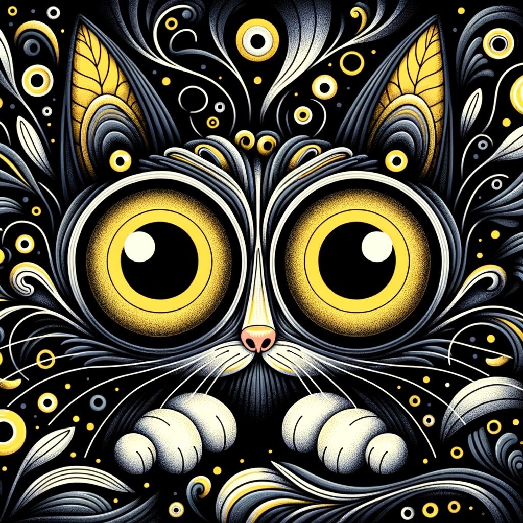 Prompt: yellow intense glowing cat eyes in the dark, pop surreal