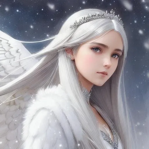 Prompt: Girl with  dark brown skin, lose white straight hair, clear silver eyes, wearing a silver glittering dress, and white wings, zoomed out, in a snowy landscape extremely detailed. Krenz Cushart + loish +gaston bussiere +craig mullins, j. c. leyendecker +Artgerm. 