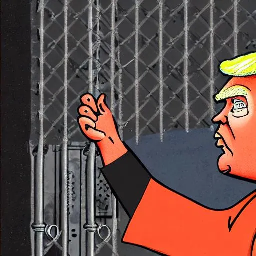 Prompt: Trump in prison crying eating cheetos freedom behind bars orange tiny hands jail protest 