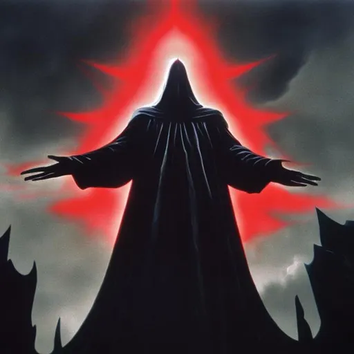 Prompt: I'm dreaming and a giant black cloaked god of blood is looking down on me, reaching out towards me. 