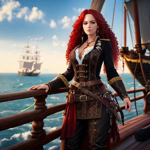 Prompt: Woman Pirate captain long curly red  hair  kind tall beautiful,  8k realistic, detailed pirate dress standing up ship background intimidating petite 