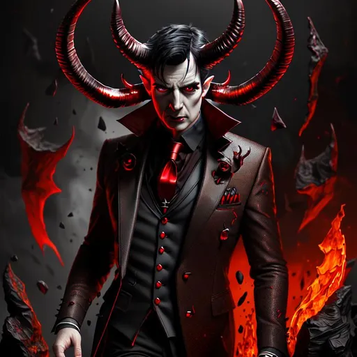 Prompt: Ultra Photo Realistic, Very Detailed, distinguished British man, demon horns, Brown black Hair, red demonic eyes, modern clothes, very detailed eyes, eyeliner, hd, high definition, 8k resolution, full body, art station, by justing gerard and greg rutkowski, digital art, Dark Ambiente Inferno Background,  