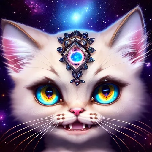 Prompt: Happy, Cheerful, Friendly, Aloof, cinematic, 3D, HD, Beautiful!! {Persian Kitten}Sugarskull, ultra detailed face, Beautiful big reflective eyes, expansive cosmos Nebula background, digital painting, uber detailed, 64k, high quality, sharp focus, studio photo, intricate details, highly detailed --s98500