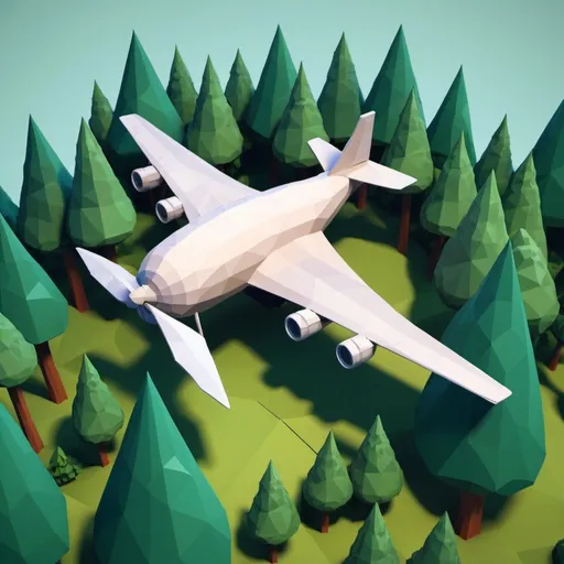 Prompt: A low Poly airplane (semelrical) flying over a beufuilf forest on a low poly world.