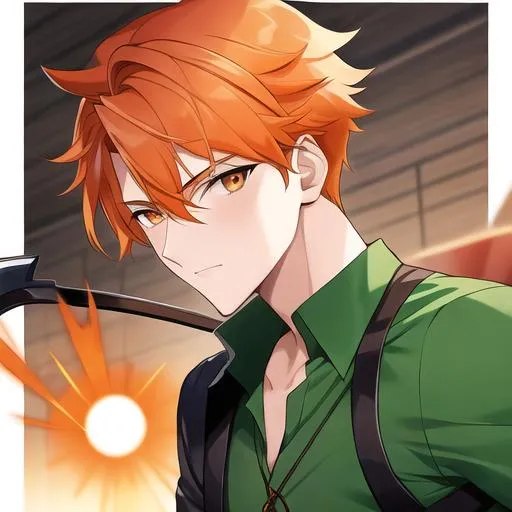 Prompt:  1boy, a man with orange hair and orange eyes holding a crossbow and a green shirt on his chest. Archer. Hunter. Adam Manyoki, sots art, official art, a character portrait