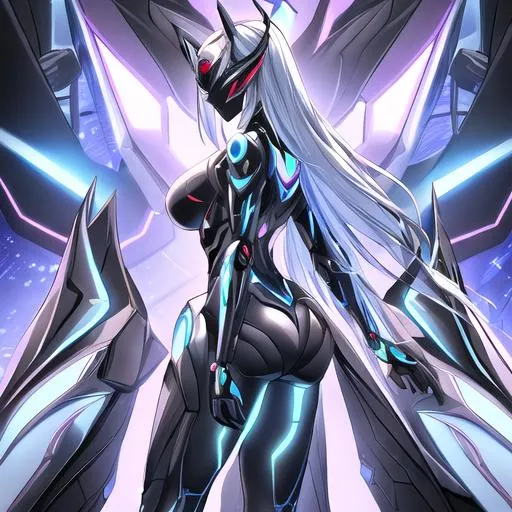 Prompt: "A portrait of a masked female figure, standing in front of a futuristic and high-tech environment, with her back turned to the camera. The figure is wearing a high-tech suit that incorporates advanced technology and futuristic design elements. The detailing of the suit, including the intricate body armor, the complex power source, and the various sensors and gauges, is rendered in vivid detail. The environment is high-tech and futuristic, with a sense of opulence and sophistication. The lighting is dramatic and moody, highlighting the figure's strength and technological prowess. The composition is stunning and engaging, capturing the female figure's beauty, technology, and power in stunning detail." cyberpunk style