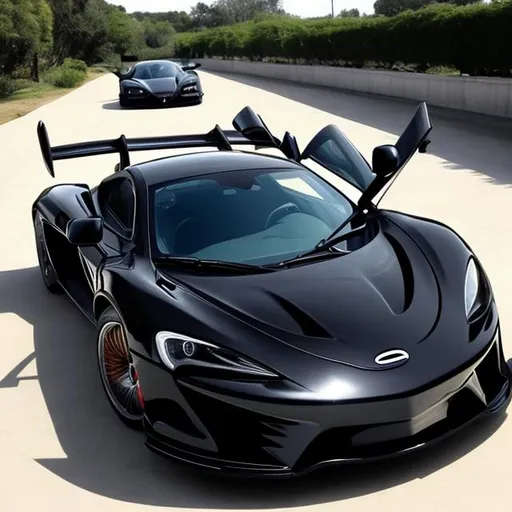 Prompt: dream car for billionaire and rish man one version only in the world and a custom black and blue carbon McLaren 
car 