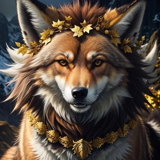 Prompt: stunning brawny rugged fox-wolf, (quadrupedal canine), UHD, HDR , 8k eyes, detailed face, big anime intense eyes, gold leaf wreath, dense bright gold fur, intricate details, insanely detailed, masterpiece, cinematic lighting, hyper realistic, hyper realistic fur, 8k, complementary colors, insanely beautiful and detailed mountain peak castle, golden ratio, masterpiece, epic oil painting, vibrant, vivid colors, fantasy art, high octane render, photo realism, volumetric lighting, glaring, growling, wise, depth, high definition face, highly detailed intense shading, unreal 5, by Yuino Chiri, artstation, top model, sunlight on hair, sparkling gold jewels on crest, intricate hyper detailed breathtaking colorful glamorous scenic view landscape, ultra-fine details, hyper-focused, deep colors, intense colors, dramatic lighting, ambient lighting, by sakimi chan, anne stokes, artgerm, wlop, pixiv, tumblr, instagram, deviantart