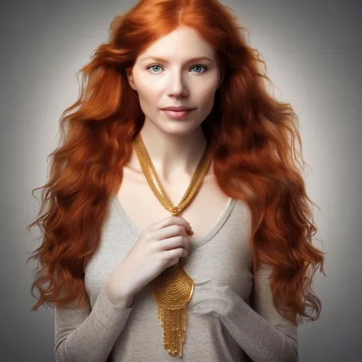 Prompt: red-haired white woman with golden necklace around her neck, light gray image background