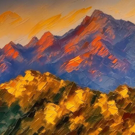 Prompt: impressionist painting of mountaintop view in the sunset, golden colours everywhere.