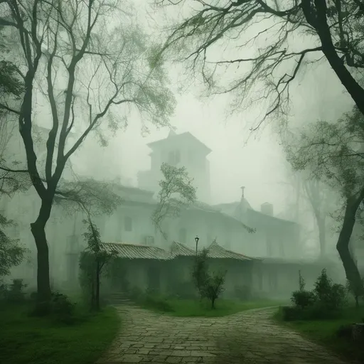 Prompt: old town in woods with green mist

