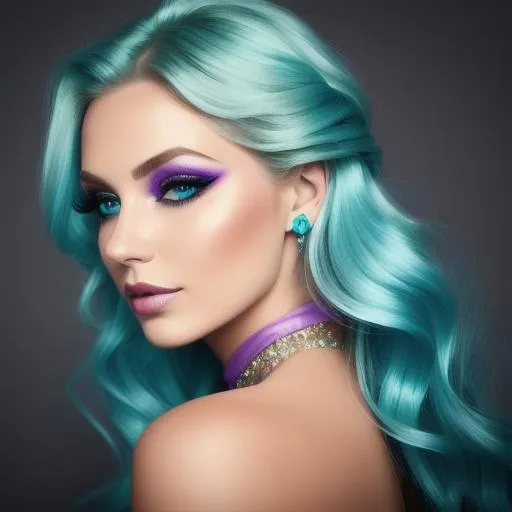 Prompt: Lady with blonde hair, colors of aqua and purple, stylish makeup, soft light,  fantasy