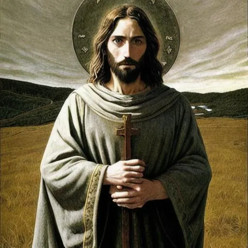 Prompt: Jesus Christ dressed like a wizard in the style of Andrew Wyeth.