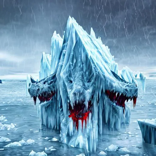 Prompt: Demonic force, ice, rain, iceberg, icy tundra, bleeding, blood, animalistic, demonic, draconic, 